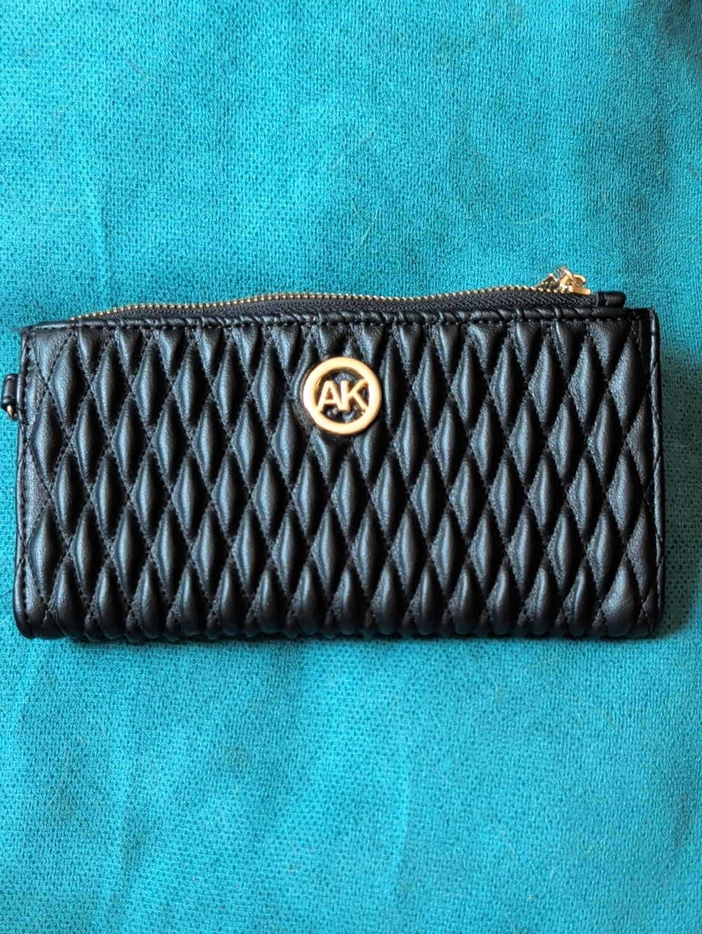 Anne Klein Black Quilted Zip Wallet with Gold AK Emblem